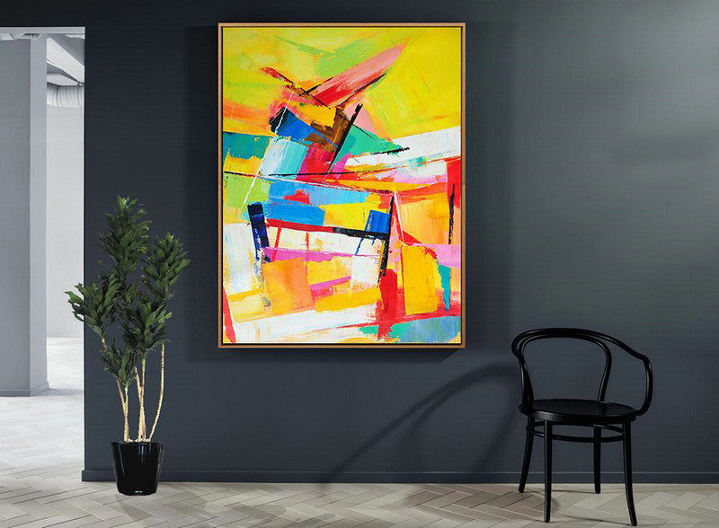 Abstract Art Decor Large Canvas Painting,Vertical Palette Knife Contemporary Art,Acrylic Painting On Canvas,Yellow,Red,Blue,White.etc